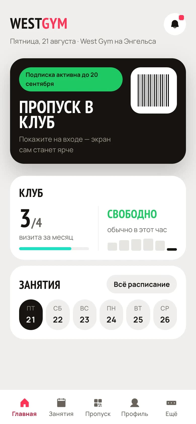 Настоящий интерфейс кабинета West Gym с демонстрационным абонементом